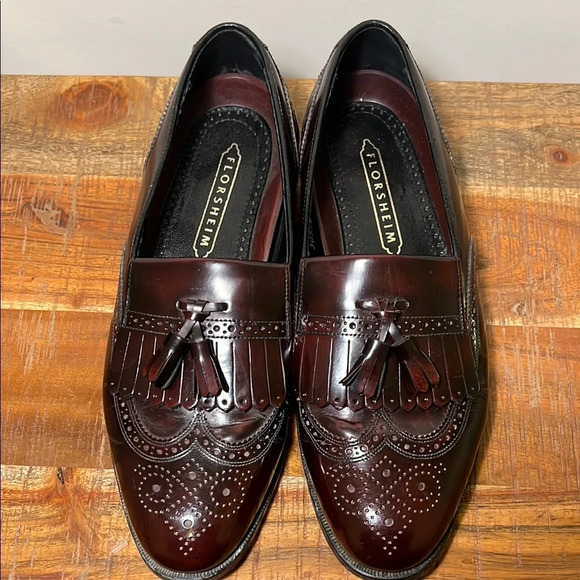 Florsheim Burgundy Leather Loafers with Brogue Detailing, Men’s 8 - Picture 2 of 9